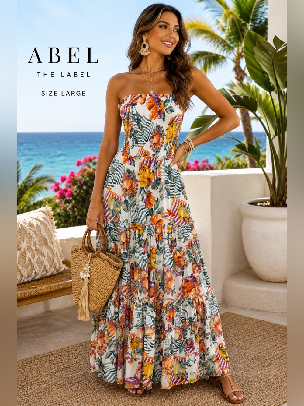 NWT Abel The Label Tropical Fruit Smocked Strapless Tiered Maxi Dress Large